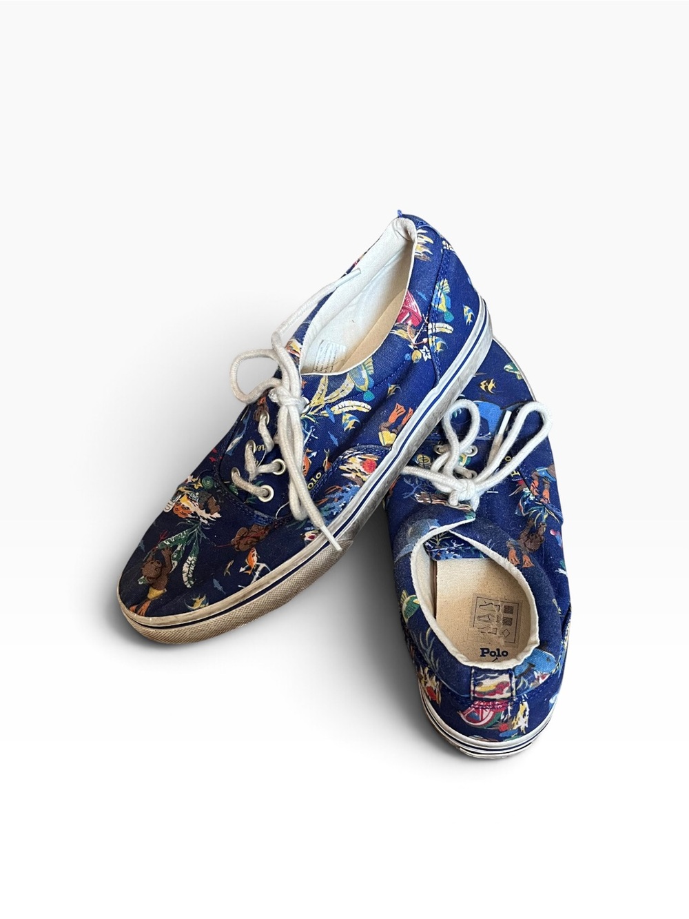 Polo Ralph Lauren Thornton Bear Aquatic Print Low Top Men Shoe Navy-White 5.5 US